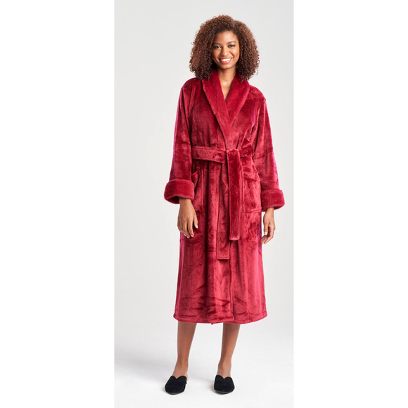 Natori Womans S Plush Fur Robe Long Cozy Pajamas Soft Cuddly Sleepwear Dark Red - Picture 1 of 5